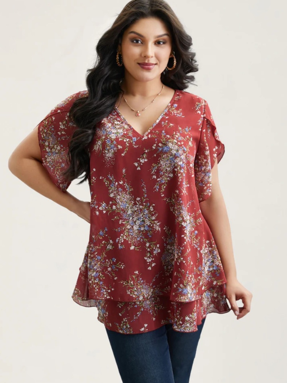 2 BloomChic Rust Floral V-Neck Layered Blouse NWT sz 14-16 - Picture 2 of 9